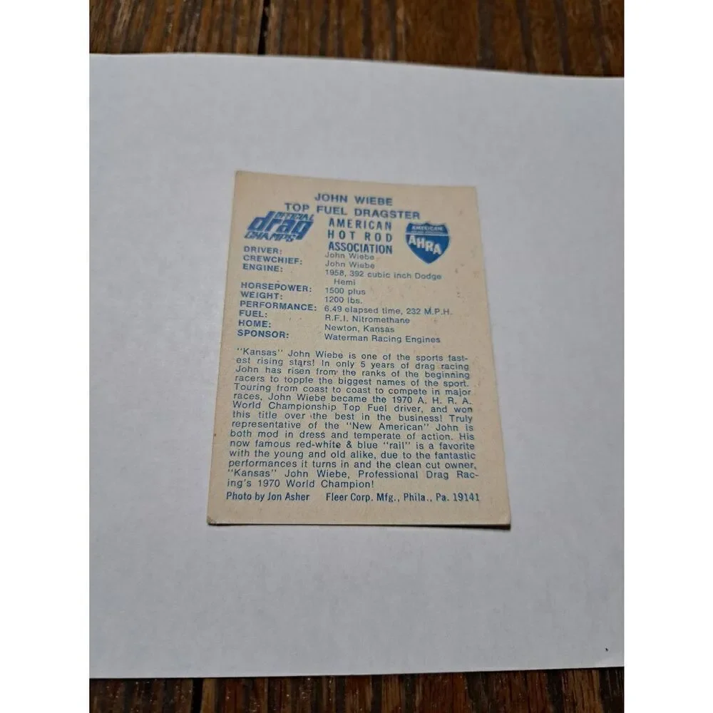 1971 Jim Nicolls Top Fuel Dragster AHRA Fleer Drag Champs Car Trading Card